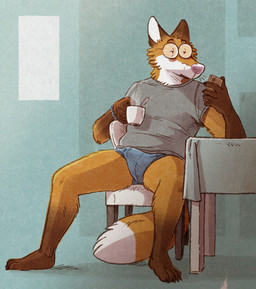 anthro blush bodily_fluids bracelet briefs bulge cellphone chair clothing container cup elbow_on_table electronics erection eyebrows eyewear furniture genital_fluids glasses jewelry looking_at_object looking_at_phone male on_chair phone precum precum_through_clothing precum_through_underwear raised_eyebrows shirt sitting sitting_on_chair smartphone solo tail tenting topwear underwear wearing_glasses wet wet_clothing whiskers rayfkm canid canine fox mammal red_fox true_fox 2025 hi_res