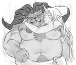 1_horn 2_horns anthro arms_around_neck belly blush chest_tuft dialogue duo facial_hair female female_humanoid hair heart_symbol horn hug hugging_another hugging_from_behind kemono long_hair male male/female moobs musclegut muscular neck_hug overweight overweight_male shy simple_background text towel towel_only tuft nuhoangxitray league_of_legends riot_games tencent ornn_(lol) soraka bovid caprine demigod horned_humanoid humanoid mammal 2023 english_text hi_res monochrome