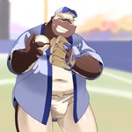 anthro ball baseball_(ball) baseball_(sport) baseball_cap baseball_field baseball_glove belly big_belly black_nose briefs brown_body bulge clothing hat headgear headwear humanoid_hands kemono male navel outside overweight overweight_male solo sport tighty_whities underwear white_briefs white_clothing white_underwear dokyudokyu1 bear mammal 1:1 2022 absurd_res hi_res