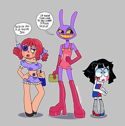 4_fingers annoyed anthro armwear bodily_fluids boots bottomwear button_(fastener) clothing crop_top doll dress elbow_gloves eyeshadow female fingers fishnet_clothing fishnet_legwear footwear gloves group hand_on_hip handbag handwear heart_symbol high_heeled_boots high_heels larger_female larger_male legwear lipstick looking_aside makeup male miniskirt mitten_hands nervous nervous_sweat prostitution rag_doll_(toy) shirt shoes size_difference skirt smaller_female smug_grin sweat sweatdrop text topwear trio ari_dibujitos glitch_productions the_amazing_digital_brothel the_amazing_digital_circus jax_(tadc) pomni_(tadc) ragatha_(tadc) animate_inanimate humanoid lagomorph leporid living_doll living_toy mammal rabbit absurd_res hi_res spanish_description spanish_text translated