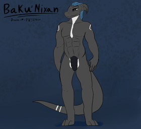 abs arm_markings balls black_body black_eyes black_scales genitals male markings nude pecs penis scales shoulder_markings solo tail tail_markings white_balls white_neck nyo_la_nixan baku_nixan draako hi_res model_sheet