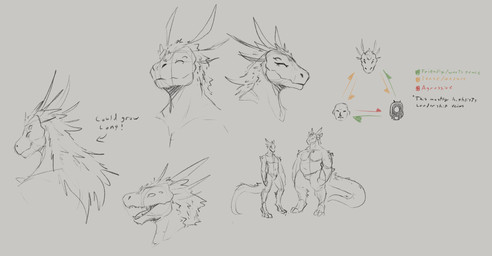 4_eyes anthro belly big_belly duo fangs featureless_crotch horn male male_anthro mouth_closed multi_eye nude open_mouth overweight overweight_anthro overweight_male simple_background slim_anthro slim_male standing tail teeth text jezzlen scalie english_text hi_res monochrome sketch sketch_page