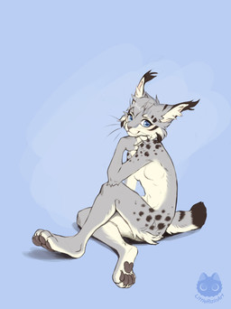 anthro blue_background blue_eyes breasts brown_nose brown_pawpads ear_tuft eyelashes featureless_breasts feet female fur grey_body grey_fur head_tuft hindpaw inner_ear_fluff looking_at_viewer nude pawpads paws short_tail simple_background sitting sitting_on_ground smile smiling_at_viewer snout solo tail tuft whiskers white_body white_fur white_inner_ear_fluff littlerainart felid feline lynx mammal 2026 absurd_res digital_drawing_(artwork) digital_media_(artwork) full-length_portrait hi_res portrait