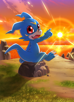 anthro blue_body blue_tail claws cloud finger_claws fingers gesture hand_gesture horn iris looking_back nude orange_sky outside pink_tongue pointing pupils red_eyes rock sitting sky solo sun tail tongue water white_claws yukari_(artist) bandai_namco digimon digimon_(species) veemon hi_res