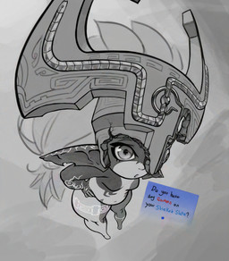armor breasts clothing dialogue eyelashes female front_view fused_shadow hair hand_on_hip headgear headwear helmet humanoid_pointy_ears long_hair looking_at_viewer navel one_eye_obstructed pointy_ears solo talking_to_viewer text thick_thighs wide_hips shark_propagandist do_you_have_games_on_your_phone nintendo the_legend_of_zelda twilight_princess midna humanoid imp twili english_text hi_res
