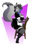 anthro barefoot big_breasts breasts chair chest_tuft clothing dipstick_tail feet female furniture huge_breasts looking_at_viewer maid_uniform markings multicolored_tail purple_eyes simple_background smile solo tail tail_markings tuft uniform ukabor zenocoyote_(oc) canid canine canis coyote fox hybrid mammal 2017 digital_media_(artwork) hi_res