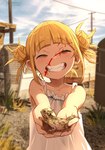 blonde_hair blood blood_from_eye blood_on_face blood_splatter bodily_fluids clothed clothing day dress duo eyes_closed female feral giving_to_viewer grass grin hair hair_bun happy holding_animal new_york outside plant smile spikes spikes_(anatomy) sundress trailer_(vehicle) young khyleri my_hero_academia toga_himiko horny_toad human lizard mammal phrynosomatid reptile scalie texas_horned_lizard absurd_res hi_res