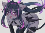 all_fours anthro blush breasts clothing female fur grey_body grey_fur horn open_mouth open_smile panties purple_eyes side-tie_panties simple_background smile solo spade_tail tail underwear wings sgsix felid mammal succubus 2022