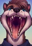 anthro blue_clothing blue_eyes blue_topwear bodily_fluids brown_body brown_fur brown_hair clothed clothing drooling fangs front_view fur glistening glistening_eyes gradient_background hair looking_at_viewer male mouth_shot open_mouth red_tongue saliva saliva_on_tongue saliva_string simple_background solo teeth tongue topwear whiskers white_body white_fur kolaa mammal mustelid otter bust_portrait hi_res portrait