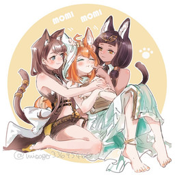 barefoot black_hair blush book bottomwear brown_hair clothing dress ear_grab eating eyes_closed feet female group hair holding_book holding_object hug shorts simple_background smile tail misago33695466 arknights hypergryph studio_montagne papyrus_(arknights) pepe_(arknights) titi_(arknights) animal_humanoid cat_humanoid felid felid_humanoid feline feline_humanoid humanoid mammal mammal_humanoid 1:1 digital_media_(artwork)