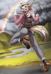 5_fingers anthro breasts clothed clothing day detailed_background female fingers footwear open_mouth outside rainbow shoes smile solo teeth tongue kuroame reign_(scfiii) canid canine canis domestic_dog mammal 2021 digital_media_(artwork) hi_res