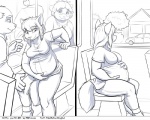 5:4 anthro belly big_breasts breasts canid canine clothed clothing comic faf fafcomics female fox greyscale group hand_on_belly mammal monochrome obese overweight