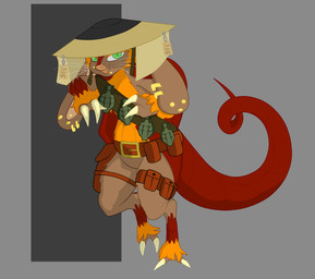 anthro asian_conical_hat bandolier belt claws clothing explosives facial_hair grenade hat headgear headwear jewelry leaning long_ears long_tail looking_at_viewer male piercing raised_leg shell simple_background slightly_chubby solo tail weapon whiskers villegreen armadillo mammal xenarthran hi_res tagme