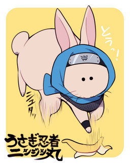 ambiguous_gender banana exclamation_point food fruit plant simple_background solo text ichthy0stega lagomorph leporid mammal rabbit 2015 japanese_text translation_request