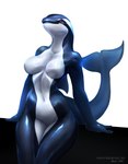 anthro black_body blue_body breasts cetacean curvy_figure dolphin equus featureless_breasts featureless_crotch female glistening glistening_body glistening_skin hi_res looking_at_viewer looking_down mammal marine nude oceanic_dolphin orca raised_tail red_eyes sharp_teeth simple_background sitting solo tail teeth toothed_whale white_background white_body wide_hips