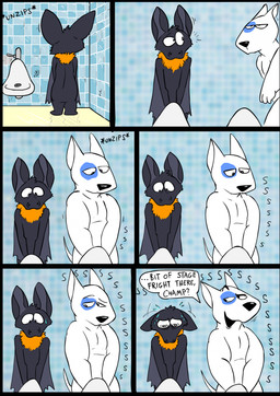anthro bathroom bodily_fluids cocky duo male male/male nervous nervous_sweat peeing peeing_together public_restroom shy_bladder side_by_side size_difference strategically_covered sweat urinal urinal_peeking daztoons bat bull_terrier canid canine canis domestic_dog hunting_dog mammal terrier hi_res