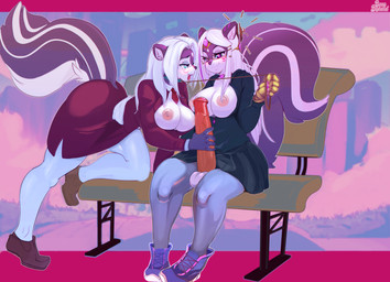 abstract_background animal_genitalia animal_penis anthro areola arm_support balls bench big_breasts big_penis bionic_arm bionics blue_eyes bodily_fluids bottomwear breasts choker cleavage clothed clothing collar cybernetic_arm cybernetic_limb cybernetics dress duo equine_genitalia equine_penis erect_nipples exposed_breasts eye_contact eyewear female footwear genitals glasses gynomorph gynomorph/female hair hand_on_penis headpiece heart_eyes heart_symbol hoodie inner_ear_fluff intersex intersex/female jewelry leash leash_pull looking_at_another machine markings mismatched_animal_penis mismatched_genitalia mismatched_penis necklace necktie nipples on_bench open_mouth penis purple_eyes raised_leg saliva saliva_on_penis saliva_string shoes skirt smile sneakers striped_markings striped_tail stripes tail tail_markings tongue tongue_out topwear tuft white_hair bunnybaphomet nova_arksenth_(nova_arksenth) valcione_solis_(prismakari) cyborg mammal mephitid skunk 2020 digital_drawing_(artwork) digital_media_(artwork) hi_res signature