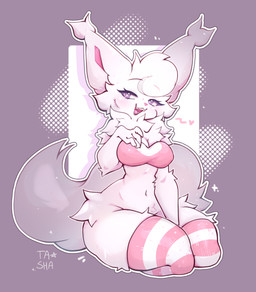 anthro big_breasts breasts clothing female fluffy fluffy_tail footwear fur legwear liene_(day1or) nipple_outline open_mouth purple_eyes sitting smile socks solo tail thick_thighs thigh_highs white_body white_fur wide_hips tasha_cat domestic_cat felid feline felis mammal full-length_portrait hi_res portrait