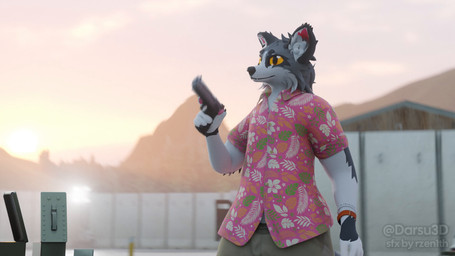 5_fingers aloha_shirt anthro big_eyes black_claws black_ears black_nose bottomwear claws clock close-up clothed clothing desert_eagle detailed_background dropping_weapon expressive finger_claws fingers fur gloves_(marking) grey_body grey_fur gun handgun handpaw happy hit_in_face male markings minecraft_sounds pattern_clothing pattern_shirt pattern_topwear pawpads paws pink_clothing pink_inner_ear pink_pawpads pink_shirt pink_topwear pistol ranged_weapon recoil reloading shirt shooting_gun shooting_range shorts silly silly_face solo solo_focus sound_effects spinning_weapon startled surprised tongue topwear trigger_discipline unsafe_weapon_practices watch weapon white_body white_fur yellow_eyes darsu canid canine fox mammal platinum_fox red_fox true_fox 16:9 2026 3d_(artwork) 3d_animation animated blender_(artwork) blender_cycles_(artwork) digital_media_(artwork) hi_res long_playtime loop sound video widescreen