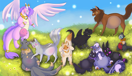 2_horns 2_tails 3_toes 4_fingers 4_toes anthro antlers belly belly_blush big_belly black_body black_fur black_nose black_sclera black_tail black_wings blue_sky blue_stripes blush body_blush bracelet brown_antlers brown_body brown_fur brown_tail brown_tail_tip cheek_tuft chest_tuft closed_smile clothed clothed_anthro clothed_female clothing cloud collar cuddling curly_hair day dipstick_tail ear_lick eyelashes facial_tuft feathered_wings feathers feet female female_anthro female_feral feral fingers fluffy fluffy_tail foot_on_belly fur gold_(metal) gold_bracelet gold_horn_ring gold_jewelry grass grey_body grey_fur grey_nose grey_pawpads grey_scar grey_tail group hair handpaw horn horn_jewelry horn_ring jewelry larger_anthro larger_female licking light long_tail looking_at_another looking_at_viewer looking_back looking_back_at_another love lying lying_on_grass machine male markings mismatched_udders missing_eye mouth_closed multi_tail multicolored_body multicolored_fur multicolored_tail neck_bow no_pupils nude nude_female on_back on_grass on_ground open_mouth open_smile orange_antlers orange_collar orange_eyes orange_pawpads outside pawpads paws pink_eyes pink_nose pink_stripes pink_tail pink_udders pink_wings plant pregnant pregnant_female pupils purple_bow purple_eyes purple_hair purple_markings purple_tail_tuft quadruped red_fingers ring_(jewelry) scales scar semi-anthro shy size_difference sky smaller_anthro smaller_female smaller_feral smile smiling_at_viewer standing striped_legs striped_markings striped_tail stripes tail tail_markings tail_tuft talons tan_body tan_clothing tan_scales tan_sweater tan_tail tan_topwear toes tongue topwear tuft white_horn white_nose white_pupils wings x_scar black_kitty mythology wolfwalkers ambrie_(princessfloof) evelyn_(princessfloof) fan_character hanaya_(princessfloof) isla_(princessfloof) myso_(princessfloof) canid canine canis domestic_cat dragon felid feline felis fox fox_spirit lynx mammal mythological_creature mythological_scalie reptile robot scalie spirit winged_dragon wolf 2025 colored digital_drawing_(artwork) digital_media_(artwork) english_description hi_res lighting shaded