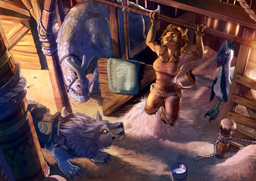 ambiguous_gender anthro bottomwear braided_hair breasts bridle brown_body brown_bottomwear brown_clothing brown_fur brown_hair brown_pants brown_shirt brown_topwear bucket clothed clothing container exercise feathers female female_anthro feral fur green_body green_eyes green_feathers grey_body grey_fur group hair hay horn inside orange_eyes pants rope saddle scenery scuted_legs scutes shirt sleveless_shirt smile stable tail teeth topwear tusks white_body white_feathers wings shalinka blizzard_entertainment warcraft bovid bovine kodo mammal tallstrider tauren worg colored digital_media_(artwork) hi_res shaded