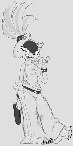 anthro areola barbell_piercing barefoot black_nose bottomwear bracelet candy clothed clothing crotch_tuft dessert ear_piercing eyelashes facial_markings feet female food front_view gloves grey_background handwear head_markings holding_candy holding_food holding_lollipop holding_object jewelry lollipop long_eyelashes looking_at_viewer markings navel navel_piercing nipple_piercing nipples pants piercing pube_peek pubes ring simple_background studded_bracelet studded_jewelry studs thong_straps topless tuft naughtikel idw_publishing sega sonic_the_hedgehog_(comics) sonic_the_hedgehog_(idw) sonic_the_hedgehog_(series) surge_the_tenrec afrosoricid mammal tenrec hi_res monochrome