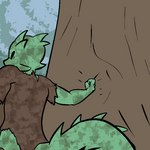1:1 2014 anthro clothed clothing digital_media_(artwork) dirty eyes_closed fen_(lagotrope) green_body green_skin horn kobold lagotrope lizard male outline outside plant punch reptile scalie solo standing story story_at_source story_in_description tgchan topwear torn_clothing tree