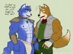 abs anthro anthro_on_anthro armor athletic balls belt biceps big_muscles blue_body blue_fur blue_hair blue_nipples bottomwear brown_body brown_fur bulge clothed clothing crossgender crotch_grab dialogue duo fangs ftm_crossgender fur genitals gloves grope hair handwear jacket jewelry loincloth male male/male muscular muscular_male necklace nipples open_clothing open_mouth open_shirt open_topwear pants pecs pose shirt smile standing teeth text through_clothing topless topwear vest white_body white_fur headingsouth nintendo star_fox fox_mccloud krystal_(star_fox) canid canine fox mammal 2015 english_text watermark