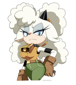 anthro bell bell_collar big_breasts blue_eyes bottomwear breasts cargo_pants clothing collar female fingerless_gloves fur gloves handwear horn low-angle_view pants solo wool_(fur) scarletopalite idw_publishing sega sonic_the_hedgehog_(comics) sonic_the_hedgehog_(idw) sonic_the_hedgehog_(series) lanolin_the_sheep_(sonic) bovid caprine mammal sheep