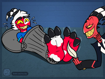 3_toes bodily_fluids bound clothing crying_laughing duo feathers feet fingers foot_fetish hair holding_feather holding_object horn laugh lying male male/male not_furry on_back plantigrade red_body shirt simple_background smile soles stuck tears teeth tickle_fetish tickle_torture tickling tickling_feet toes topwear trash_can wu_capy hellaverse helluva_boss blitzo_(helluva_boss) demon demon_humanoid horned_humanoid humanoid imp 4:3 digital_media_(artwork) hi_res