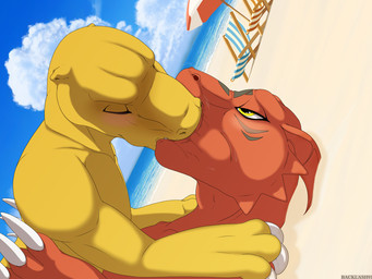 beach bodily_fluids claws duo eyes_closed french_kissing kissing lying male male/male on_back saliva side_view backlash91 conditional_dnp bandai_namco digimon agumon digimon_(species) guilmon hi_res