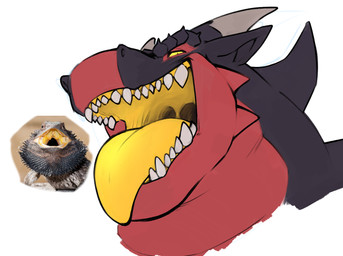 anthro back_spikes black_body black_scales face_only fat_neck glowing glowing_tongue grin horn looking_at_viewer male mouth_focus open_mouth red_body red_scales scales sharp_fangs smile solo spikes spikes_(anatomy) tongue tongue_out uvula yellow_eyes yellow_mouth yellow_tongue yellow_uvula chibsarts european_mythology mythology chiderg dragon mythological_creature mythological_scalie scalie western_dragon