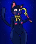 anthro black_body black_fur blush bow_(feature) bow_tie breasts female fur genitals magical_girl_wand markings navel night nipples pussy red_eyes solo tongue tongue_out wand whiskers iguanasarecool sailor_moon_(series) luna_(sailor_moon) domestic_cat felid feline felis mammal