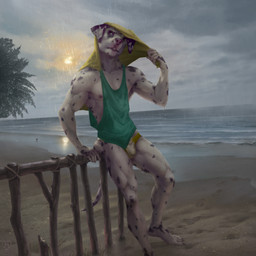 anthro beach bulge clothing cloud cloudy_sky male pink_nose raining sand shirt sky solo speedo spots swimwear tank_top topwear towel wet wet_clothing fuzzle_(artist) vaille canid canine canis domestic_dog mammal 1:1 absurd_res hi_res