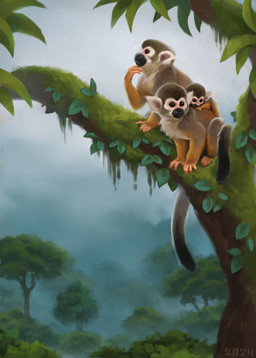black_facial_markings black_nose black_tail_tip branch brown_body brown_eyes brown_fur carrying_another detailed_background dipstick_tail feral fog forest fur grey_body grey_fur group leaf long_tail markings moss on_branch piggyback plant rainforest realisitc_feral short_fur sitting tail tail_markings tan_body tan_fur tree trio white_chest alexpahomov cebid haplorhine mammal monkey new_world_monkey primate squirrel_monkey 2024 detailed digital_media_(artwork) digital_painting_(artwork) hi_res painting_(artwork)