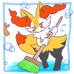 :o ambiguous_anthro ambiguous_gender anthro biped blush blush_stickers bodily_fluids broom cleaning cleaning_tool digitigrade dipstick_tail featureless_crotch flying_sweatdrops food front_view holding_broom holding_cleaning_tool holding_object markings on_one_leg open_mouth shrimp_(food) simple_background snout solo standing sweat sweatdrop tail tail_markings annyui0611 nintendo pokemon braixen canid generation_6_pokemon mammal pokemon_(species) 1:1 2022 digital_drawing_(artwork) digital_media_(artwork) full-length_portrait hi_res japanese_description portrait translated_description