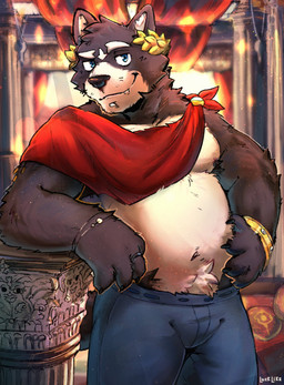anthro armband blue_eyes bottomwear bracelet claws clothed clothed_male clothing column day finger_claws fur gold_armband jewelry laurel_wreath male male_anthro multicolored_body multicolored_fur nipples pants ring_(jewelry) snaggle_tooth solo standing tassels text topless topless_male two_tone_body two_tone_fur luck_like adastra adastra_(series) echo_project amicus_(adastra) canid canine canis mammal wolf 2024 artist_name hi_res