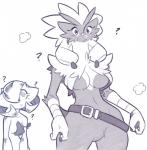 bandage belt breasts confusion ear_piercing ear_ring feet female open_mouth piercing question_mark ring_piercing spiral_eyes talons toes dorian-bc nintendo pokemon avian blaziken gardevoir generation_3_pokemon pokemon_(species) 2019 sketch