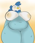 anthro areola belly big_belly big_breasts big_butt bodily_fluids breasts butt dutch_angle female genitals navel nipples non-mammal_nipples nude pussy short_stack simple_background slightly_chubby solo sweat thick_thighs plantedpot nintendo pokemon malinda_(plantedpot) avian bird generation_4_pokemon penguin piplup pokemon_(species) 4:5 absurd_res hi_res