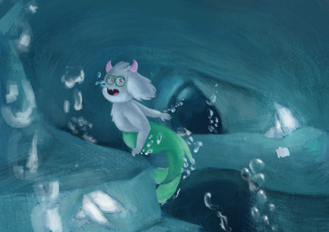 anthro cave eyewear eyewear_only glasses glasses_only male nude solo split_form text underwater water wearing_glasses bloope deltarune undertale_(series) ralsei aquatic merfolk absurd_res english_text hi_res huge_filesize