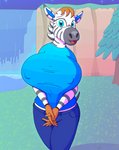 anthro big_breasts blue_eyes blush bottomwear breasts cliff clothing creek denim denim_bottomwear denim_clothing female hair huge_breasts jeans looking_at_viewer night nipple_outline orange_hair outside pants plant shirt shy solo t-shirt topwear tree waterfall gunpowdergreentea animal_crossing nintendo savannah_(animal_crossing) equid equine mammal zebra hi_res