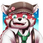 anthro biped black_body black_nose blush clothing hat headgear headwear kemono necktie red_body shirt solo suspenders topwear white_body watoson lifewonders tokyo_afterschool_summoners zhurong_(tas) ailurid mammal red_panda 1:1 2021 absurd_res bust_portrait hi_res portrait