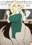 anthro apron apron_only big_breasts blonde_hair breasts cleavage clothed clothing container cup female green_apron green_clothing hair heart_after_text heart_symbol holding_container holding_cup holding_object holding_pen mostly_nude number pen repeated_text solo text text_with_heart time timestamp wide_hips kittellox_(artist) i_mean_breast_milk starbucks blanche_(kittellox) canid mammal english_text meme