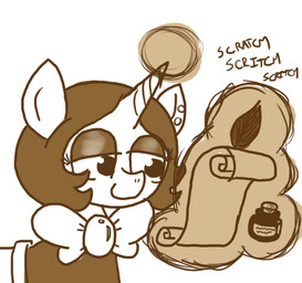 clothing ear_piercing feral horn inkwell loose_feather magic male paper piercing quill ribbons scroll simple_background solo writing_text ficficponyfic hasbro my_little_pony mythology fan_character joyride_(colt_quest) equid equine mammal mythological_creature mythological_equine unicorn