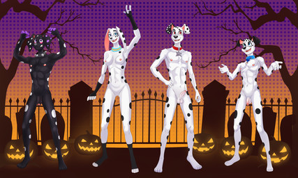 abs aged_up anthro anthrofied athletic athletic_male balls breasts casual_nudity cemetery collar collar_only feet female fingers flaccid foreskin fur genitals gesture group half-erect hand_gesture holidays humanoid_genitalia humanoid_penis jack-o'-lantern looking_at_viewer male nipples nude outdoor_nudity outside partially_retracted_foreskin pecs penis plant smile standing tail toes tombstone tree vulva dal101strefan 101_dalmatian_street 101_dalmatians disney halloween dante_(101_dalmatians) dawkins_(101_dalmatians) dolly_(101_dalmatians) dylan_(101_dalmatians) canid canine canis dalmatian domestic_dog mammal 5:3 digital_media_(artwork) hi_res
