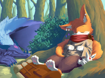 ambiguous_gender anthro backpack blue_body bottomwear brown_backpack brown_bottomwear brown_clothing brown_pants clothed clothing ear_piercing ear_ring eyes_closed eyewear facial_horn feral forest fur glasses grey_clothing grey_topwear group horn male nose_horn orange_body orange_fur outside pants pawpads piercing pink_pawpads plant reclining red_scarf ring_piercing scarf shrub simple_background sleeping topwear tree trio unsigned white_body white_fur papayafurry mythology dragon mythological_creature mythological_scalie scalie 4:3 absurd_res hi_res