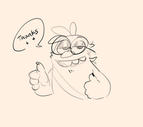 anthro claws eyewear fur gesture glasses hair half-closed_eyes hand_gesture looking_at_viewer narrowed_eyes smile solo speech_bubble teeth text thumbs_up shaibey bugsnax young_horses fan_character shaibey_(shaibey) grumpus 2022 digital_media_(artwork) english_text monochrome procreate_(artwork) sketch nonbinary_(lore)