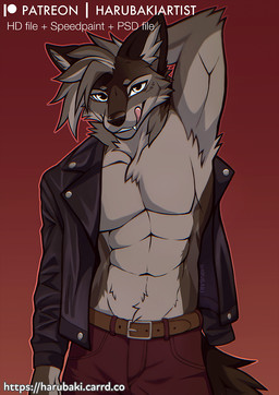 abs anthro belt biceps black_clothing black_jacket black_topwear bottomwear buckle clothed clothing grey_eyes hand_behind_head harubakiartist jacket leather leather_clothing leather_jacket leather_topwear licking licking_lips looking_at_viewer male male_anthro muscular muscular_anthro muscular_male navel open_clothing open_jacket open_topwear pants partially_clothed_anthro partially_clothed_male patreon_logo pecs red_background red_bottomwear red_clothing red_pants shirtless shirtless_anthro shirtless_male simple_background solo text tongue tongue_out topwear harubaki patreon canid canine canis hybrid mammal wolf artist_name digital_media_(artwork) english_text hi_res url