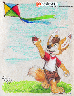 anthro blue_sky brown_hair clothed clothing cloud fangs front_view fur grass green_eyes hair happy kite logo looking_up male open_mouth open_smile orange_body orange_fur outside patreon_logo plant playful red_clothing red_shirt red_t-shirt red_topwear shirt short_hair sky smile solo t-shirt teeth text topwear white_body white_clothing white_fur white_shirt white_t-shirt white_topwear young young_anthro young_male pandapaco patreon canid canine mammal artist_logo english_text signature url