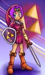 blue_eyes boots breasts clothing cosplay crossover_cosplay ear_piercing ear_ring female footwear hair hat headgear headwear humanoid_pointy_ears looking_at_viewer master_sword melee_weapon not_furry piercing pointy_ears purple_hair ring_piercing shield shirt shoes solo sword topwear triforce tunic weapon jamoart nintendo shantae_(series) the_legend_of_zelda wayforward link shantae genie humanoid 2015 crossover hi_res